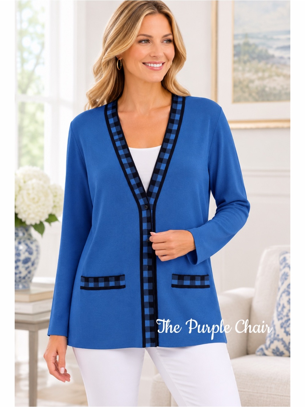 MISOOK Blue/Black Plaid Trim Long Sleeve Button Front Cardigan L